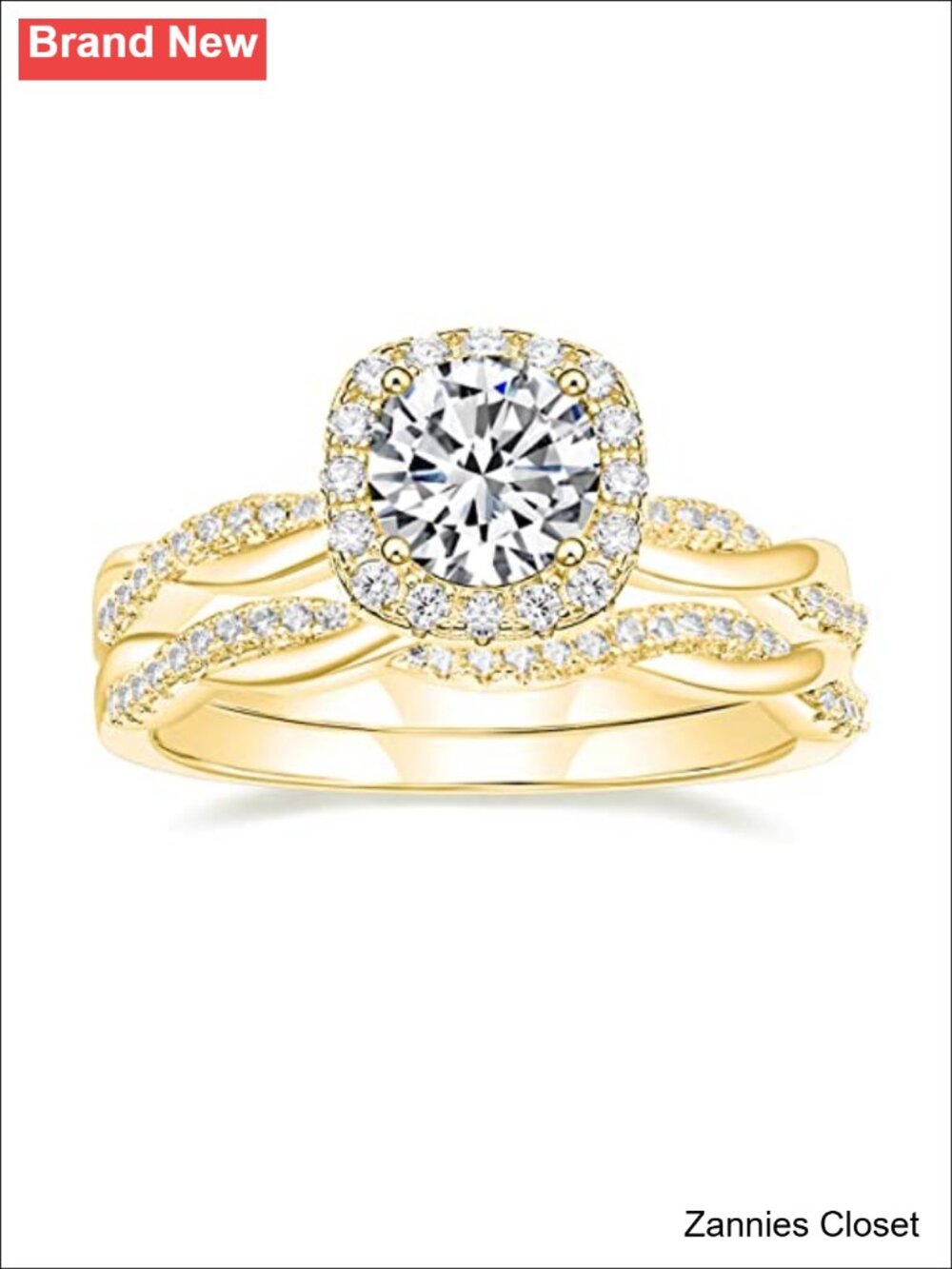 💍 Halo CZ Bridal Set Stacking Gold Plated Wedding Rings 1.2ct